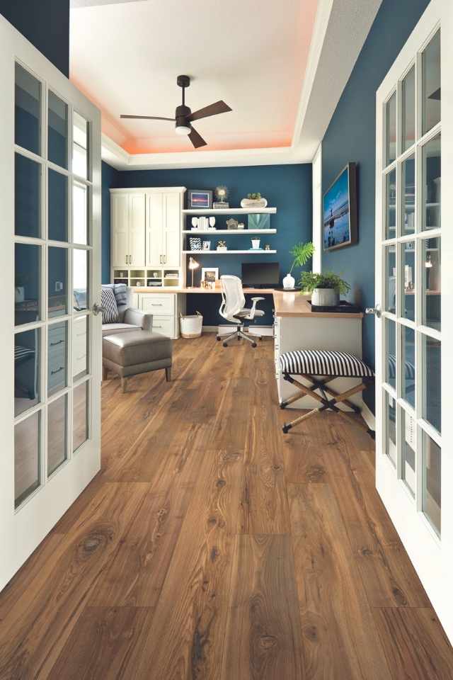 rustic wood-look laminate in modern blue home office